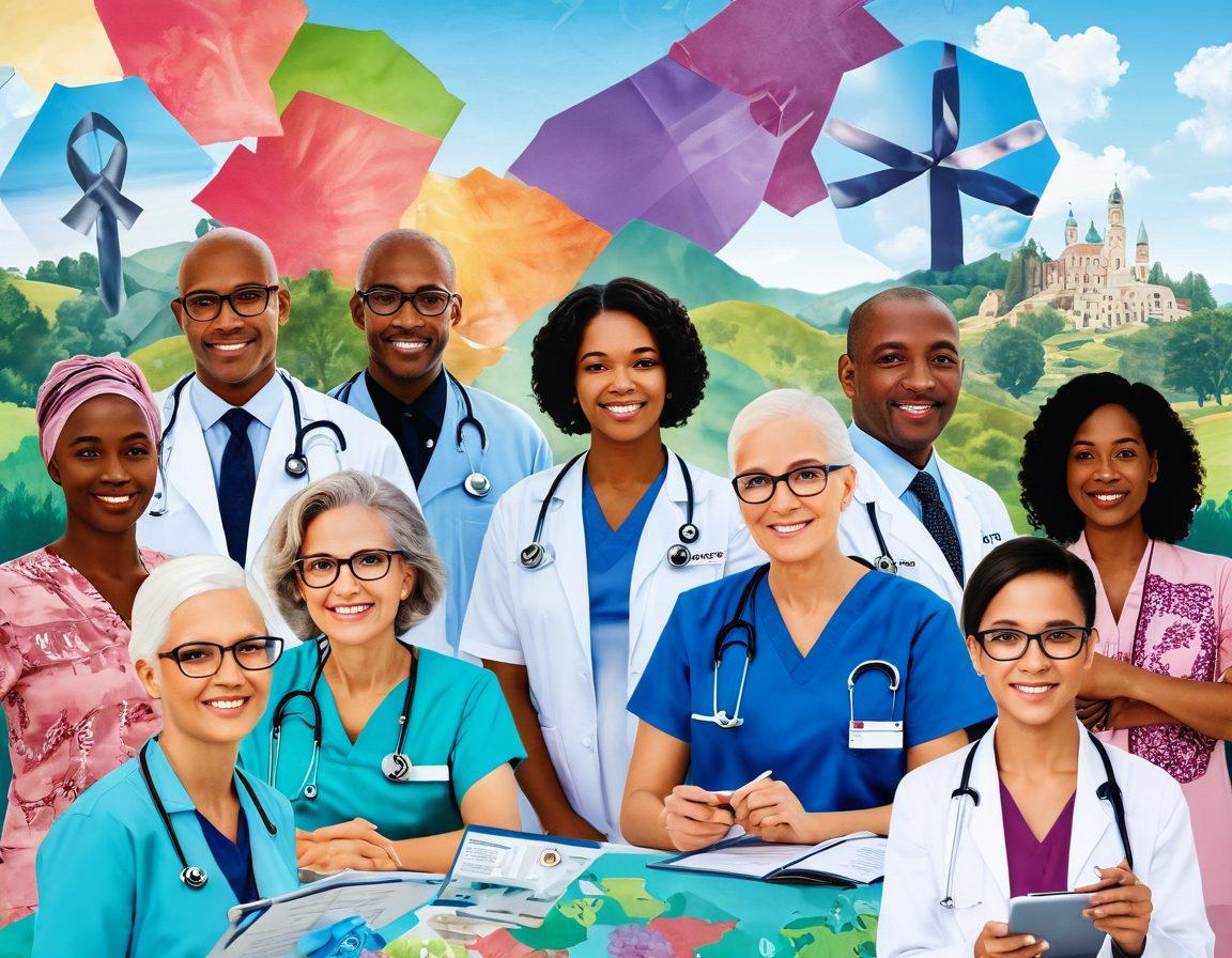 A vibrant collage showcasing a diverse group of patients and healthcare professionals engaging in discussions about cancer awareness and innovative treatments. Include symbolic elements like medical icons, awareness ribbons, and educational resources such as brochures and tablets surrounded by a serene landscape representing hope. Emphasize connectivity and community support. bright colors. super-realistic.