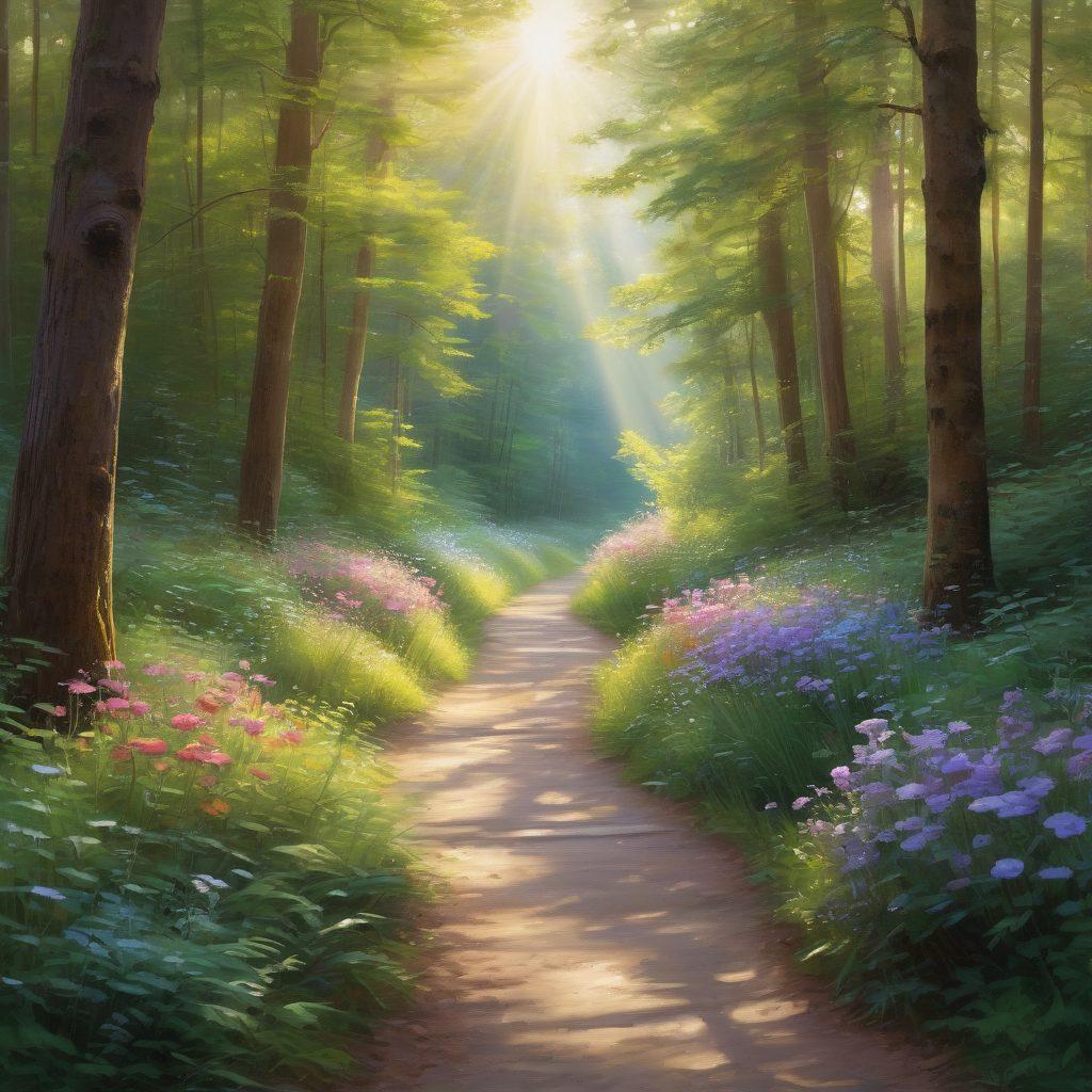 A serene landscape featuring a pathway through a sunlit forest, symbolizing the journey from diagnosis to survivorship. On the path, a diverse group of cancer survivors of different ages engage in supportive conversations, with expressions of hope and resilience. Soft light filters through the trees, illuminating symbols of healing like butterflies and blooming flowers. Include elements representing treatment support, such as a stethoscope and a ribbon intertwined with nature. painting. vibrant colors.