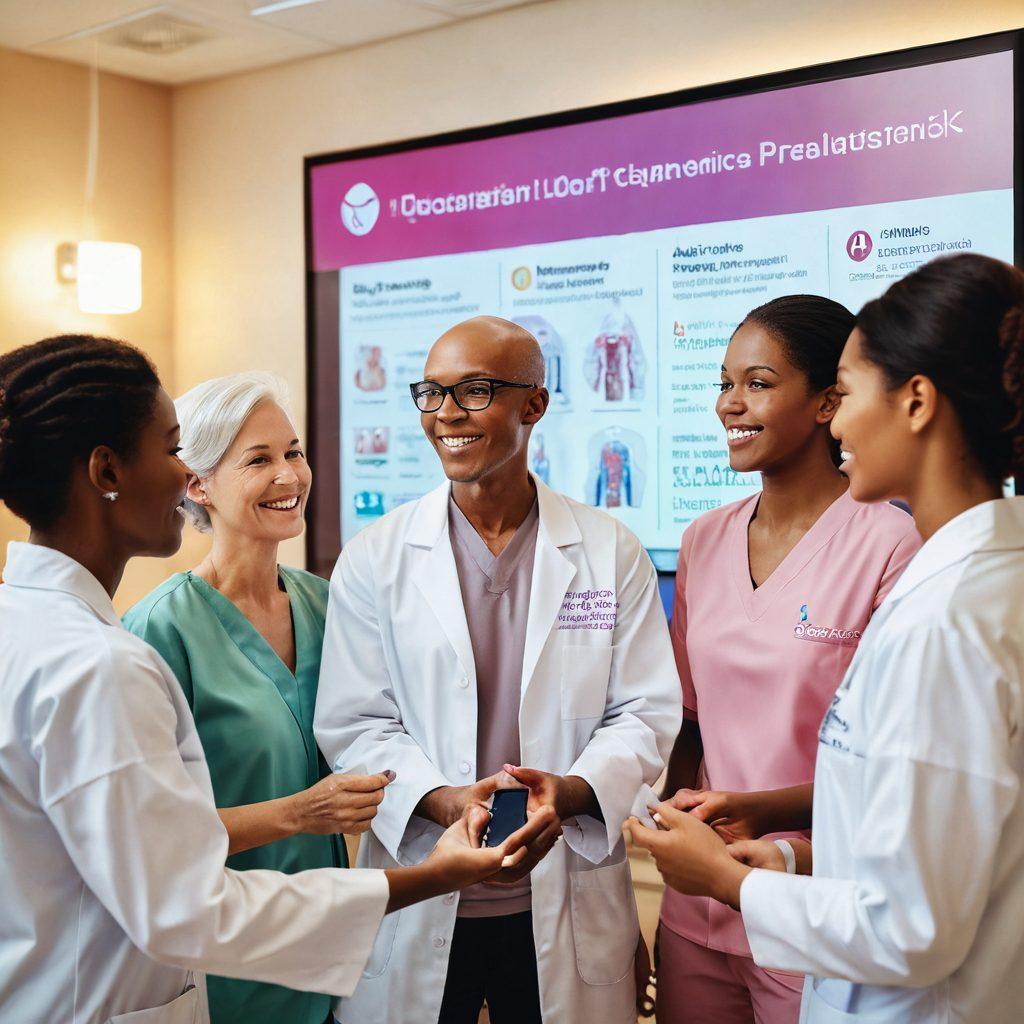 A diverse group of cancer patients and healthcare professionals gathered around an interactive digital display showcasing innovative treatments. The atmosphere is hopeful and empowering, with warm lighting and soft colors. Infographics and educational materials are visible, illustrating progress and support in their journey. Portray strong emotional connections, with smiles and gestures of encouragement among the group. super-realistic. warm colors. soft focus.